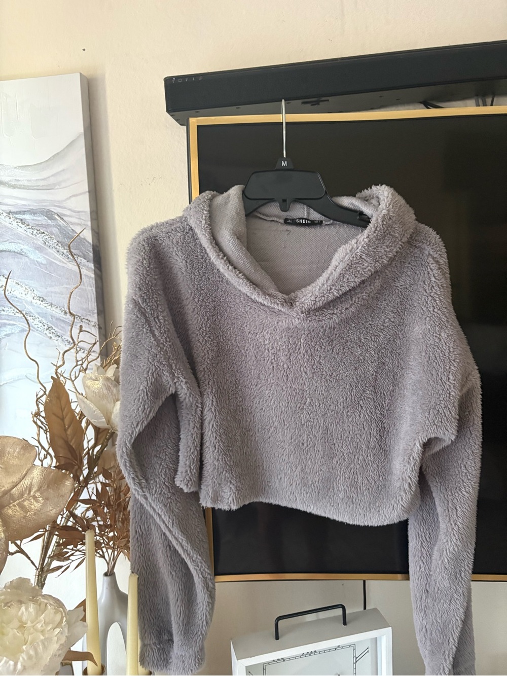 SHEIN Plush Cropped Hoodie in Light Gray